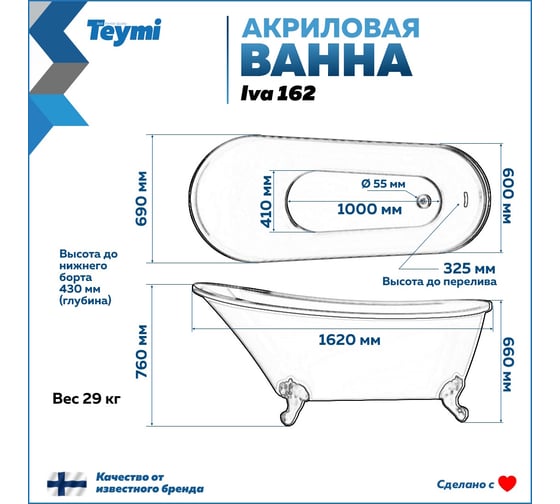 Ванна акриловая отдельно стоящая Teymi Iva 162x69x76 см, чёрная матовая ЦБ-00268809