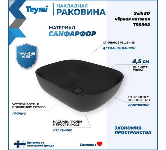 Раковина накладная Teymi Solli 50 artceramic, Черная Матовая T50392 ЦБ-00269463