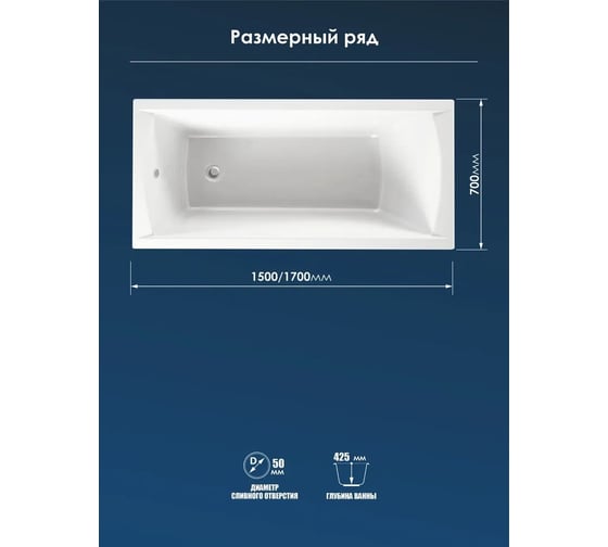 Акриловая ванна МетаКам СТАНДАРТ 1500х700 мм АВS_009716 4620034052040