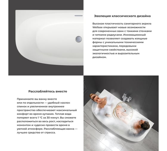 Пристенная акриловая ванна Wellsee Belle Spa 2.0 170x75 см в наборе 4 в 1 235804003