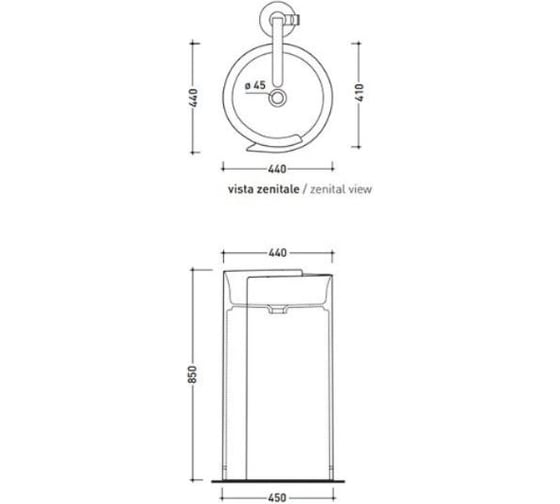 Раковина Flaminia Mono Roll 44 o 440x850 мм, напольная, отдельностоящая, без перелива, слив в пол, крепление 9005, сифон FMT/SIF, цвет белый MR44C