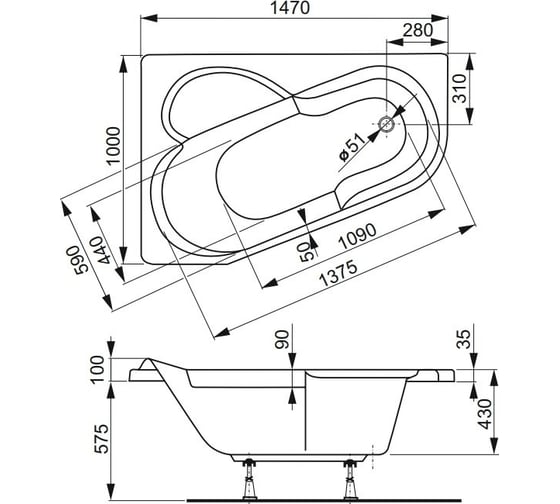 Акриловая ванна VAGNERPLAST SELENA 147 R VPBA141SEL3PE-04