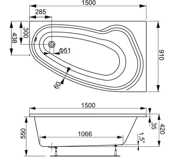 Акриловая ванна VAGNERPLAST AVONA 150 R VPBA159AVO3PX-04