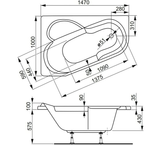 Акриловая ванна VAGNERPLAST SELENA 147 L VPBA141SEL3LE-04