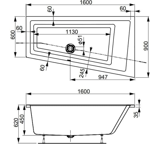 Акриловая ванна VAGNERPLAST CAVALLO OFFSET 160 R VPBA169CAV3PX-04