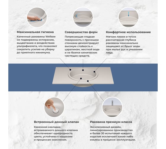 Встраиваемая снизу или сверху раковина из искусственного камня Wellsee Le.tresor 214003000