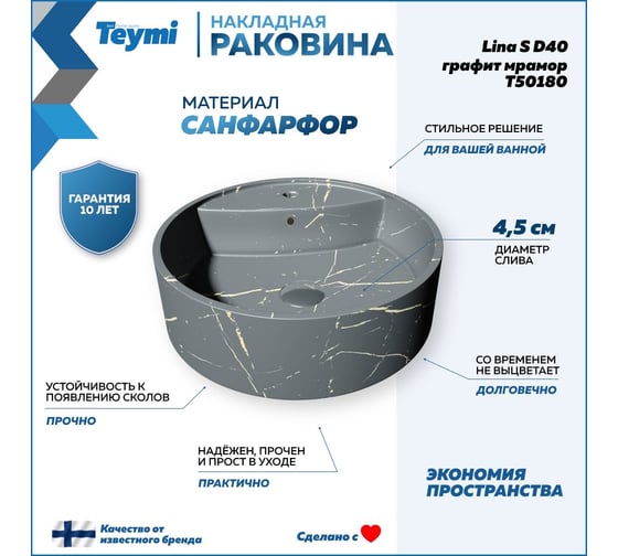 Накладная раковина Teymi Lina S D40 с полочкой под смеситель, графит мрамор T50180 ЦБ-00269677