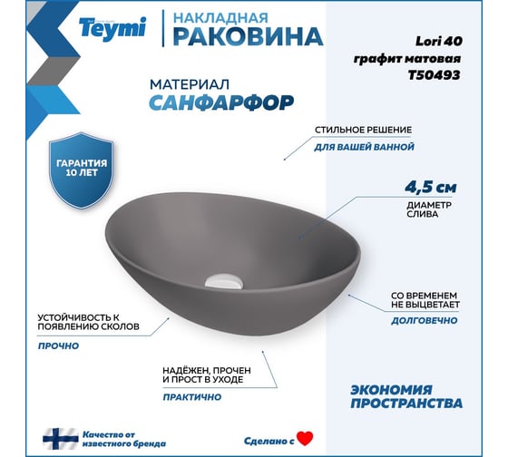Накладная раковина Teymi Lori 40 графит матовый T50493 ЦБ-00269579