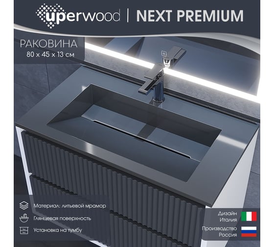 Раковина для ванной полувстраиваемая Uperwood Next_80 см, прямоугольная, серая глянцевая 290000019