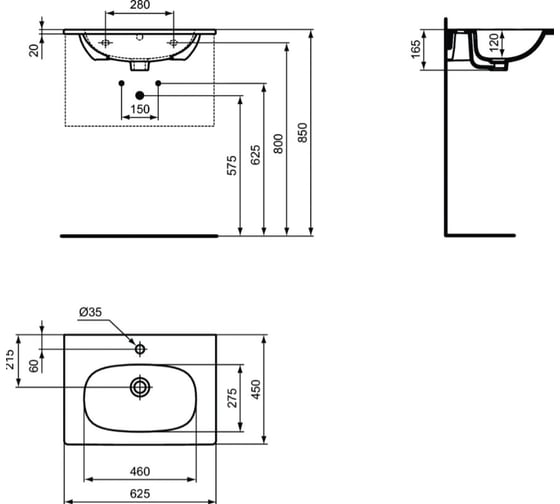 Умывальник IDEAL STANDARD TESI 60 см для монтажа соло с дизайн-сифоном 00000053217