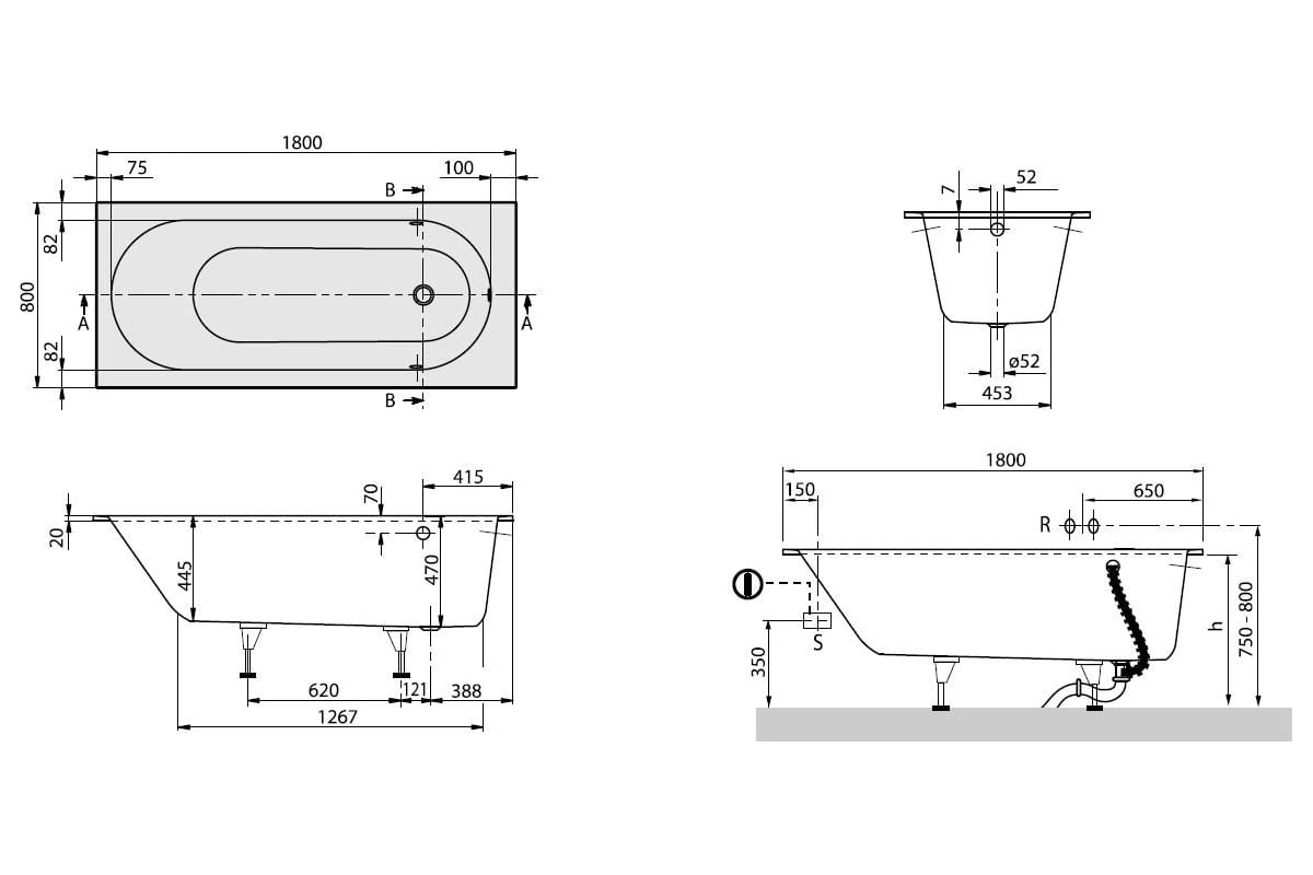 Ванна Villeroy & Boch OBERON 180x80, с ножками, белая, материал Quaryl ...