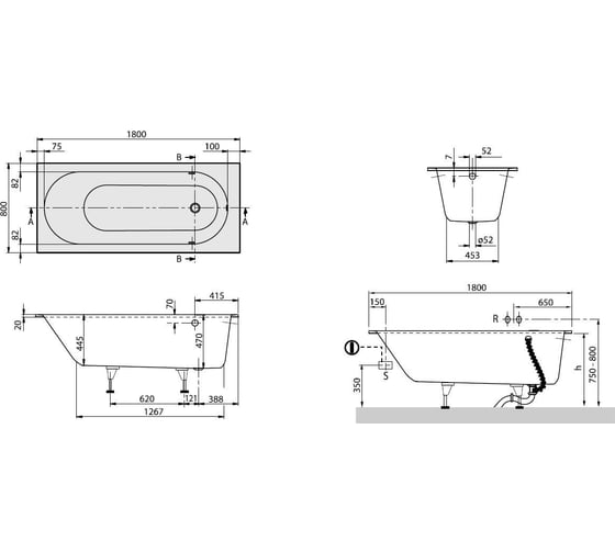 Ванна Villeroy & Boch OBERON 180x80, с ножками, белая, материал Quaryl 00000036894