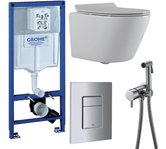 Комплект 3 в 1 CULTO инсталляция Grohe Rapid SL + унитаз подвесной TOR + кнопка GROHE хром, с встраиваемым гигиеническим душем хром, GROHE_SS_6 1