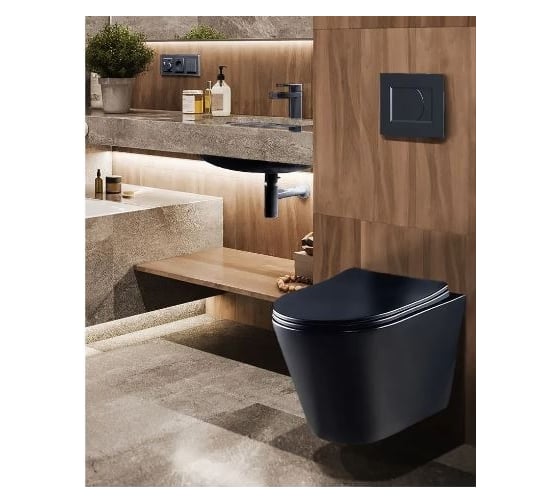 Подвесной унитаз комплект 4 в 1 инсталляция CULTO Grohe Rapid SL black, унитаз подвесной MONET Black, кнопка GROHE Skate Cosmopolitan черная матовая, сиденье микролифт GROHE_SL_16_BL