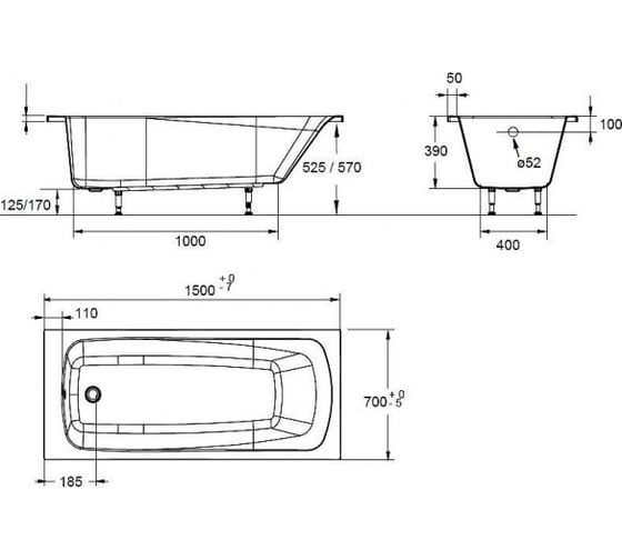 Ванна JACOB DELAFON Patio E6810RU-01 прямоугольная, 150х70 00000044431