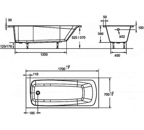 Ванна JACOB DELAFON Patio E6812RU-01 прямоугольная, 170х70 00000044945