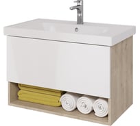 Подвесная тумба с раковиной Dreja PERFECTO, 90 см, 1 ящик, дуб эврика/белый глянец - 99.0813-641617 99.0813K