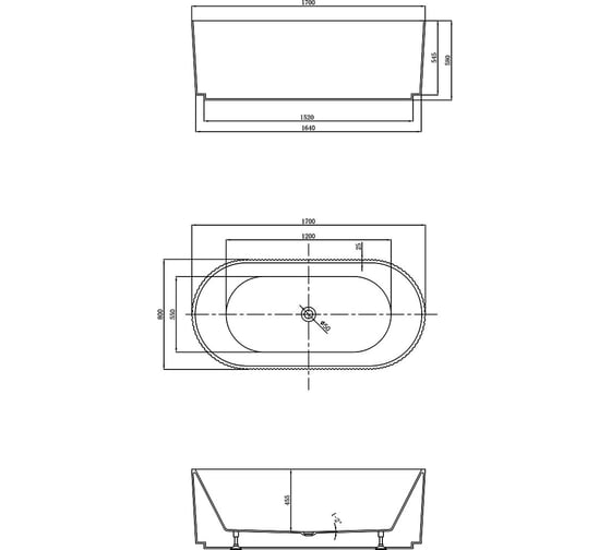 Ванна акриловая VINCEA 1700x800x580, белый матовый, щелевой перелив, слив белый VBT-426-1700MW