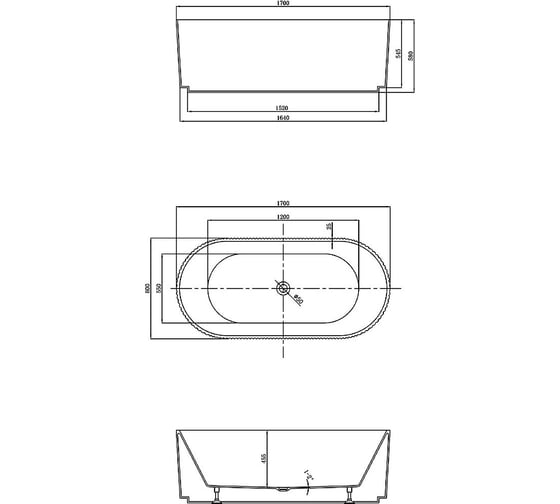 Ванна акриловая VINCEA 1700x800x580, цвет белый, щелевой перелив, слив хром VBT-426-1700