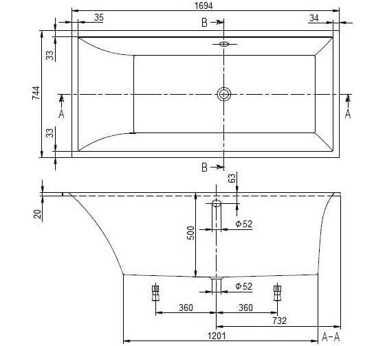 Ванна квариловая Villeroy & Boch Squaro 1694x744 мм, с ножками UBQ170SQS2V-01 00336473