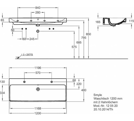Раковина GEBERIT Smyle Square 120х48 см, 2 отверстия под смеситель 500.253.01.1 00000072634
