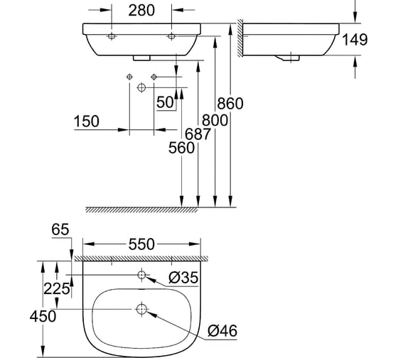 Подвесная раковина Grohe Euro Ceramic, ширина 55 см, спец покрытие 3933600H