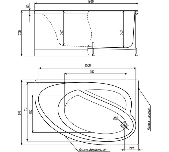 Акриловая ванна TIMO IVA 1600х1000х700 IVA1610R