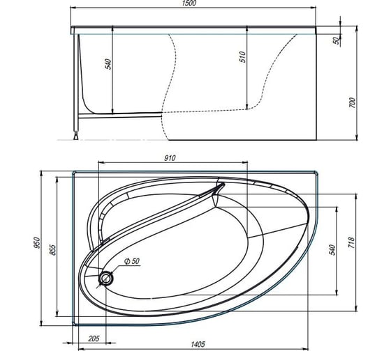 Акриловая ванна TIMO IVA 1500х950х700 IVA1595L