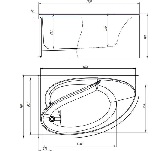 Акриловая ванна TIMO IVA 1600х1000х700 IVA1610L
