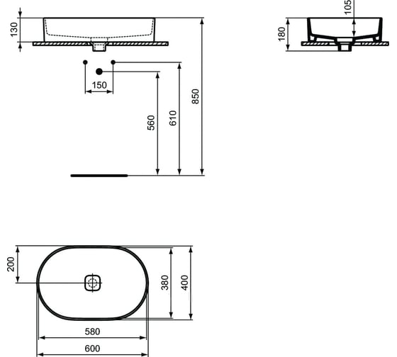 Умывальник IDEAL STANDARD STRADA II Oval Vessel 60 см, без отверстия под смеситель T298101 00000067175