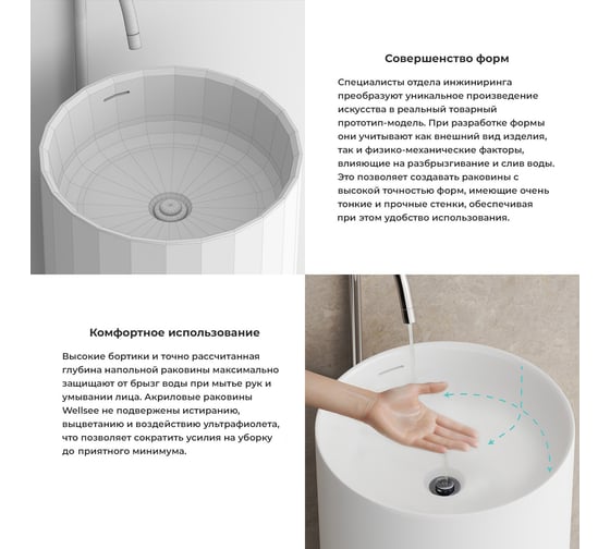 Напольная раковина отдельностоящая Wellsee Chalice Perfection, раковина-моноблок из акрила, цвет белый глянец 230611000