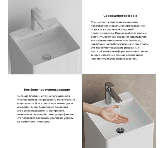 Напольная раковина отдельностоящая Wellsee Pure BY, раковина-моноблок из акрила, цвет матовый белый 230715000