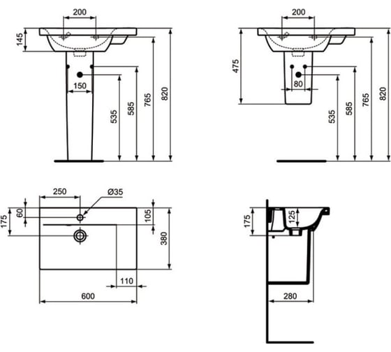 Умывальник IDEAL STANDARD E136601 Connect Spase 60 см, правая версия 600x380x170 00000030847