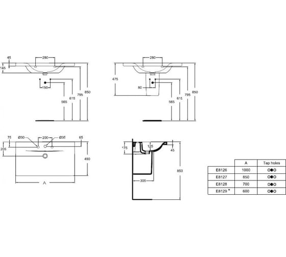 Умывальник для мебели IDEAL STANDARD E812701 Connect 85 см, 1 отверстие под смеситель 00000025722