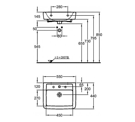 Раковина GEBERIT Renova Nr.1 Plan с отводом, с переливом 550x440 мм 00000046158 500.764.01.2