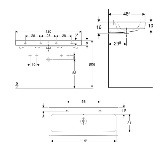 Раковина GEBERIT 124020000 iCon 1200x485 мм, с двумя отводами 00000045840