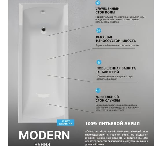 Акриловая ванна 1Marka 165х70 см MODERN в наборе 3 в 1: прямоугольная металлические ножки, слив-перелив хром 01мод16570кс1