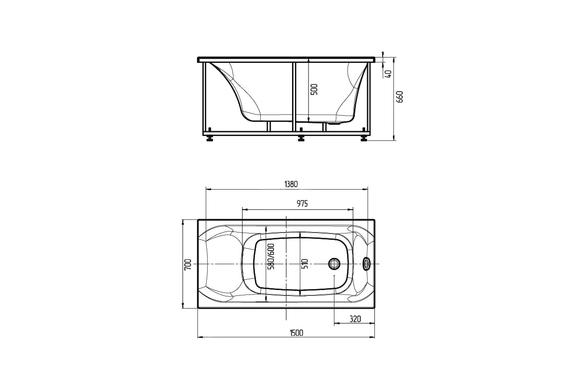 Ванна AQUATEK Альфа-150 пустая, с фронтальным экраном, слив справа ...