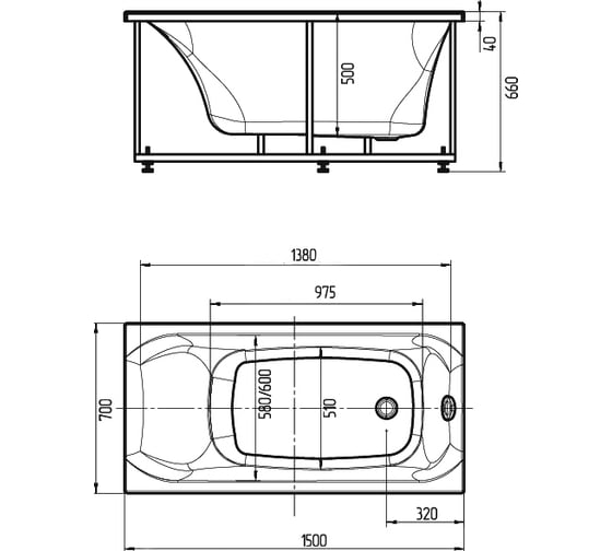 Ванна AQUATEK Альфа-150 пустая, с фронтальным экраном, слив справа 00000035859 ALF150-0000043