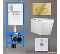 Комплект 3 в 1 IBERICA BLANCA инсталляция, унитаз безободковый белый TOLEDO ALTO (IB.TLA.231.1B1), клавиша смыва шампань/золото глянцевый, пластик ESTI-O (IB.B082.006.001) IB001.TLA.231.826