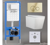 Комплект 3 в 1 IBERICA BLANCA инсталляция, унитаз безободковый белый TOLEDO ALTO (IB.TLA.231.1B1), клавиша смыва шампань/золото глянцевый, нержавеющая сталь INOX-O (IB.B081.006.002) IB001.TLA.231.816