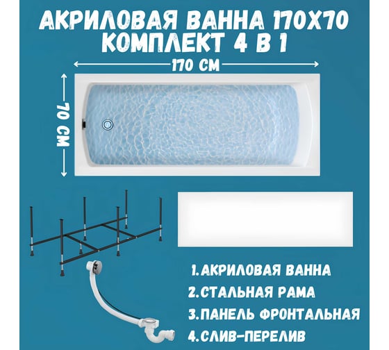 Акриловая ванна 1Marka 170х70 см MODERN в наборе 4 в 1: прямоугольная фронтальная панель, усиленный металлический каркас, слив-перелив хром 01мод1770кп