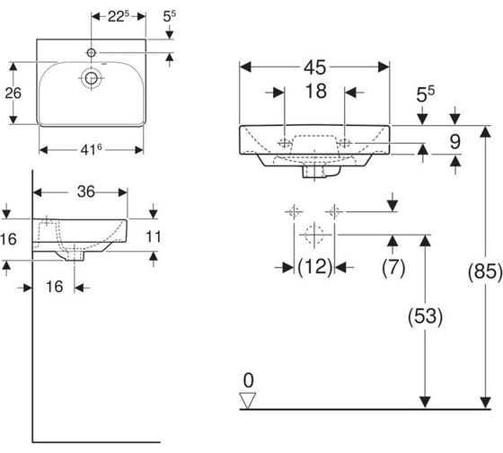 Раковина GEBERIT 500.222.01.1 Smyle Square 45х36 см, с отверстием под смеситель 00000072330