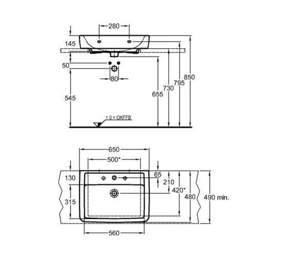 Мебельная Раковина GEBERIT 225165000 Renova Nr.1 Plan с отв., с переливом 650x480 мм 00000044390