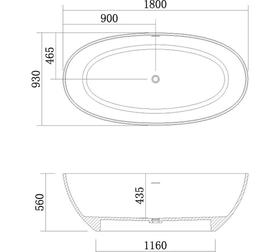 Ванна из искусственного камня Azario SOLID SURFACE с хромированным сифоном, 1800х930х560 мм 00062767
