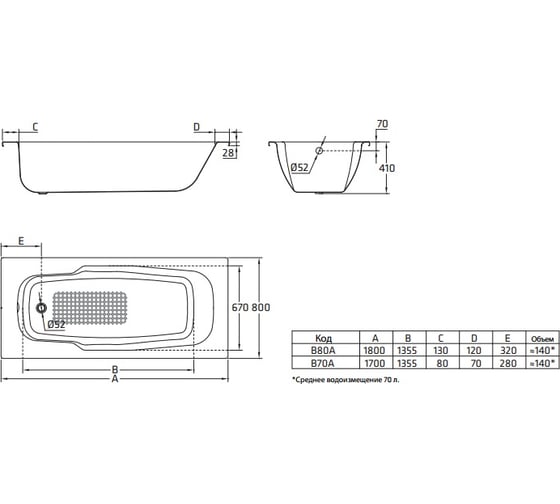 Ванна BLB ATLANTICA стальная, 180x80 см, без отверстия для ручек B80A 00021369