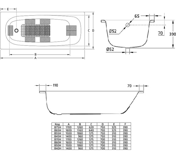Ванна BLB UNIVERSAL HG стальная, 150x70 см, белая, 3,5 мм, с отверстием для ручек 208 мм B50H 00023405