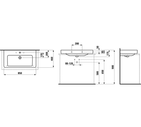 Раковина-столешница Laufen PRO S 850x465, белая 8139650001041 00037992
