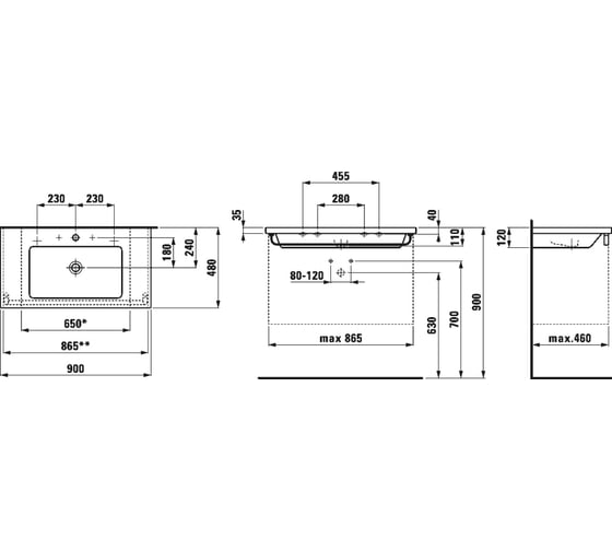 Раковина-столешница Laufen Living Square 900 мм, подрезаемая до 650 мм 8.1643.3.000.104.1 00024287