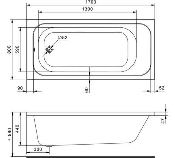 Ванна акриловая SANTEK ЛАММА 170x80 см., без монтажного комплекта 1WH501763